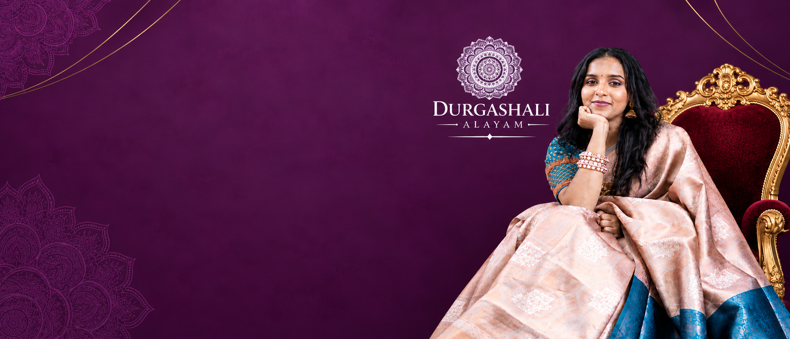 Rose saree with a turquoise blouse against a purple backdrop