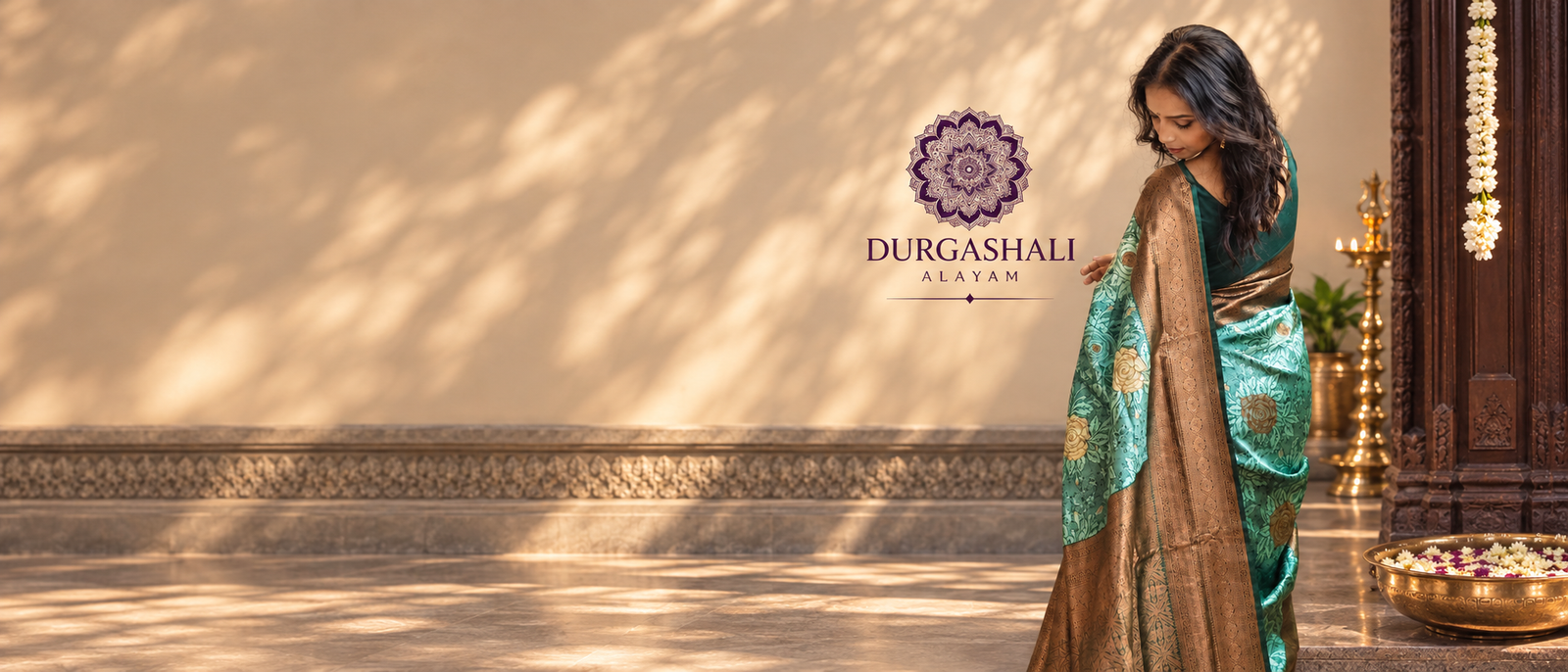 Emerald saree in a sunlit heritage interior