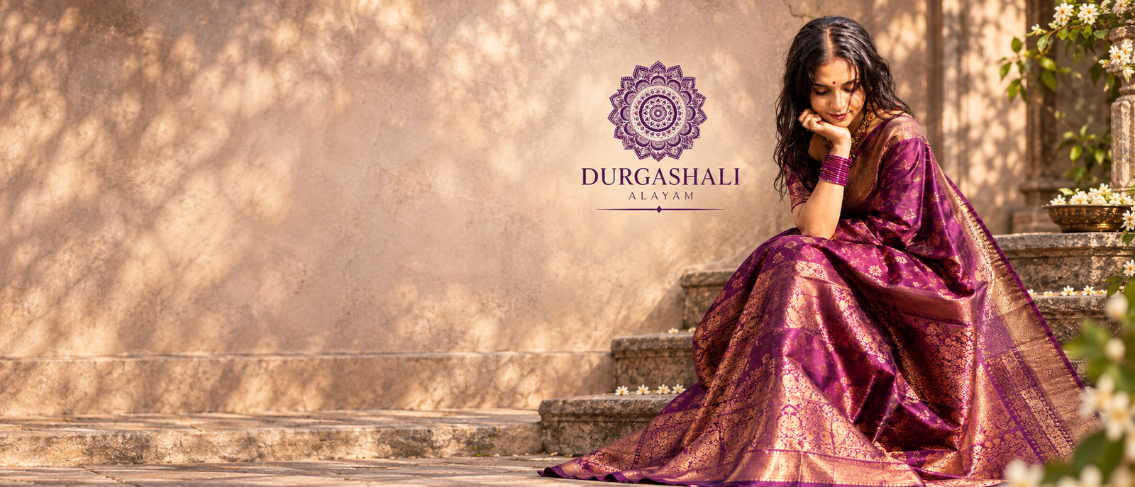 Purple and gold saree in a sunlit courtyard